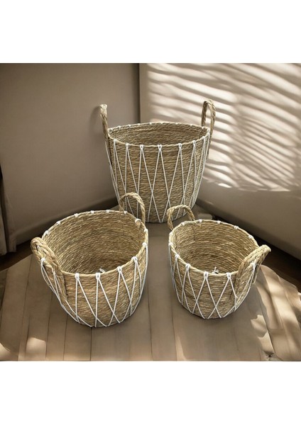 Natelie - 3'lü Hasır Makromeli Sele Saksılık Seti Beyaz - 26