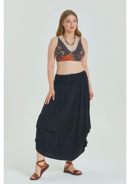 Beli Lastikli Drape Detaylı Büyük Beden Etek