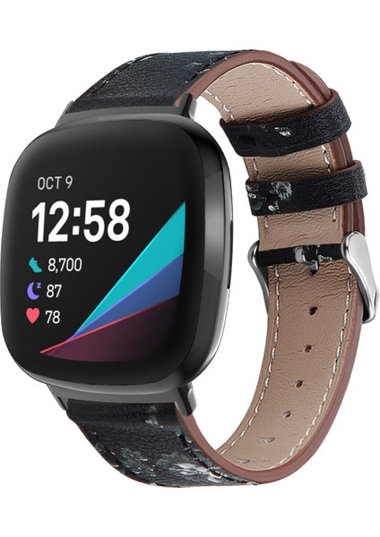 Deri Watch Band For Fit Versa 4 / Sense 2 For Fitbit Versa 4 / Sense 2 Siyah Beyaz Çiçek (Yurt Dışından)