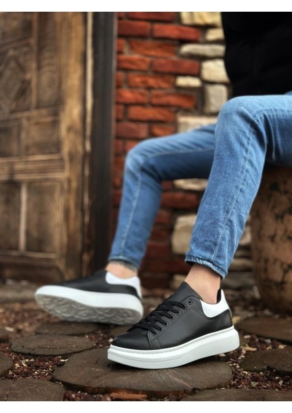 BA0547 Kalın Yüksek Taban Siyah Beyaz Parça Detay Bağcıklı Spor Erkek Ayakkabı