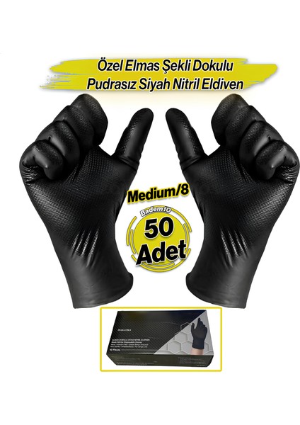 M Beden 50 Adet Elmas Dokulu 25 Çift Siyah Kalın Hijyenik Pudrasız Nitril Muayene Eldiveni