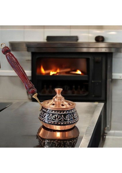 Bakır Tütsülük Bakır Buhurdanlık Gezdirme Tamamen El Işlemeli Siyah Renk Ahşap Kulplu