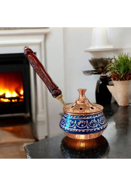 Bakır Tütsülük Bakır Buhurdanlık Gezdirme Tamamen El Işlemeli Mavi Renk Ahşap Kulplu