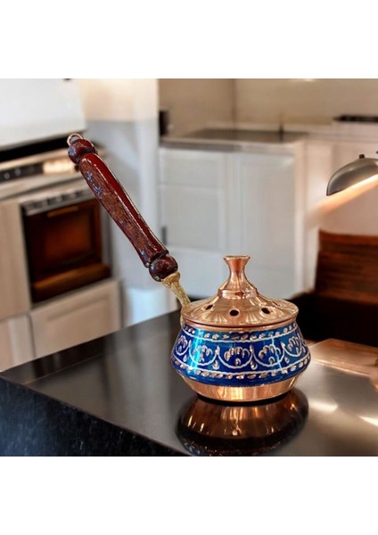 Bakır Tütsülük Bakır Buhurdanlık Gezdirme Tamamen El Işlemeli Mavi Renk Ahşap Kulplu fiyatları