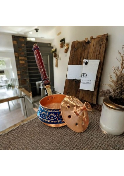 Bakır Tütsülük Bakır Buhurdanlık Gezdirme Tamamen El Işlemeli Mavi Renk Ahşap Kulplu fırsatları