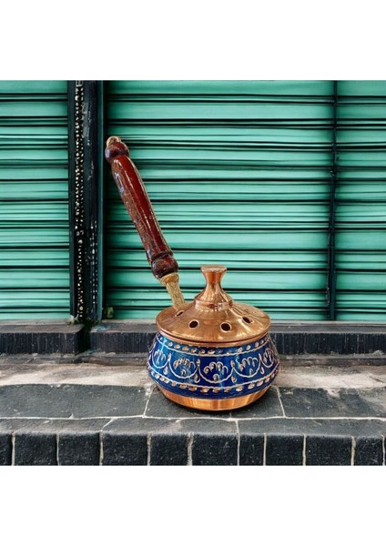 Bakır Tütsülük Bakır Buhurdanlık Gezdirme Tamamen El Işlemeli Mavi Renk Ahşap Kulplu indirimleri