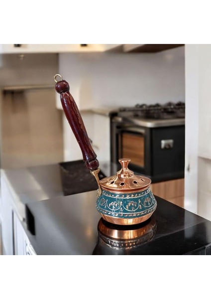 Bakır Tütsülük Bakır Buhurdanlık Gezdirme Tamamen El Işlemeli Yeşil Renk Ahşap Kulplu modelleri