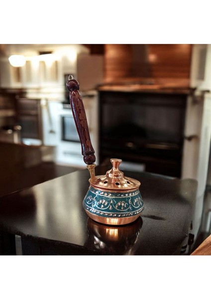 Bakır Tütsülük Bakır Buhurdanlık Gezdirme Tamamen El Işlemeli Yeşil Renk Ahşap Kulplu fırsatları