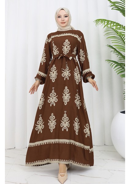 Viskon Kumaş Desenli Kuşaklı Elbise 2039-03 Kahverengi Bej