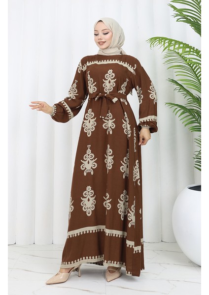 Viskon Kumaş Desenli Kuşaklı Elbise 2039-03 Kahverengi Bej fiyatları