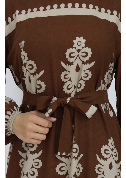 Viskon Kumaş Desenli Kuşaklı Elbise 2039-03 Kahverengi Bej fırsatları