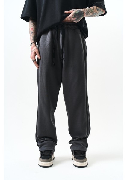 Erkek 2'li Şerit Detaylı Interlok Baggy Eşofman Altı Füme