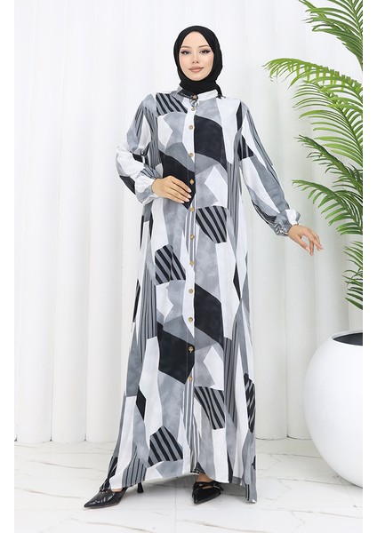 Viskon Kumaş Boydan Düğmeli Elbise 0051-04 Gri Siyah