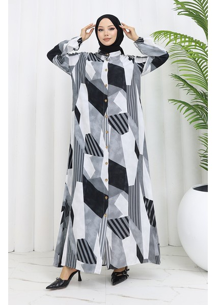 Viskon Kumaş Boydan Düğmeli Elbise 0051-04 Gri Siyah fiyatları