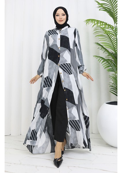 Viskon Kumaş Boydan Düğmeli Elbise 0051-04 Gri Siyah modelleri