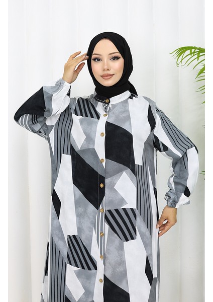 Viskon Kumaş Boydan Düğmeli Elbise 0051-04 Gri Siyah fırsatları