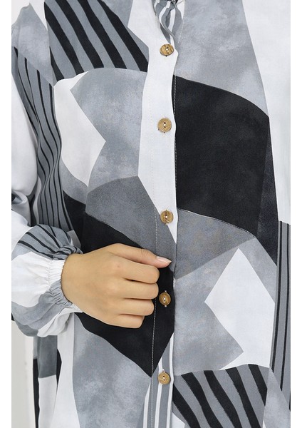 Viskon Kumaş Boydan Düğmeli Elbise 0051-04 Gri Siyah indirimleri