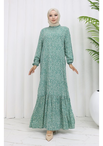 Viskon Kumaş Kolu Lastikli Desenli Elbise 2038-05 Çağla Yeşili