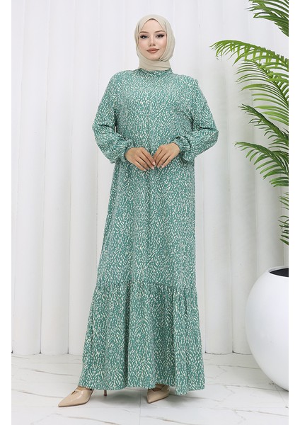 Viskon Kumaş Kolu Lastikli Desenli Elbise 2038-05 Çağla Yeşili fiyatları