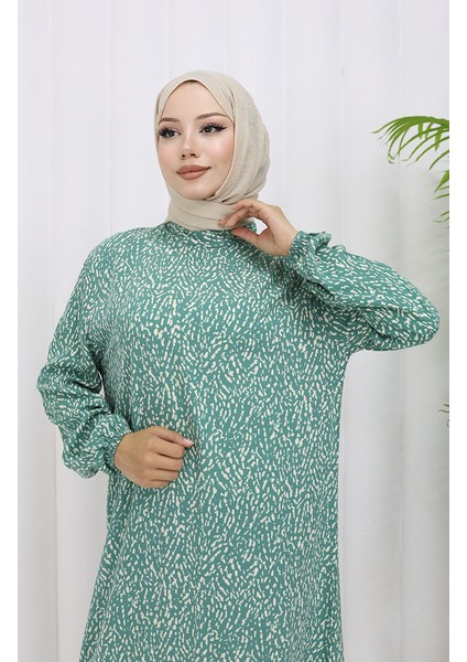 Viskon Kumaş Kolu Lastikli Desenli Elbise 2038-05 Çağla Yeşili modelleri