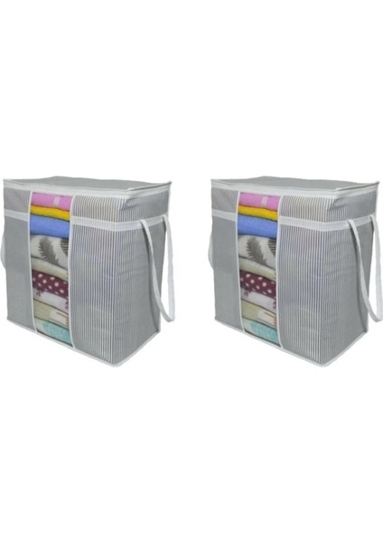 2 Adet - Pencereli Saklama Çantası - Pencereli Battaniye Hurcu 30 x 45 x 50 cm - Çizgili Model