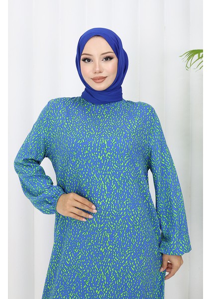 Viskon Kumaş Kolu Lastikli Desenli Elbise 2038-03 Indigo modelleri