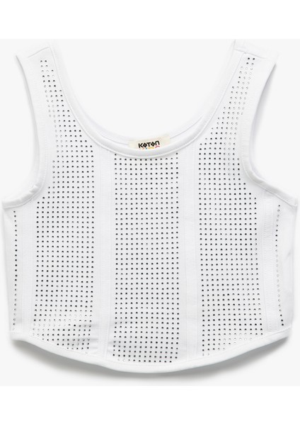 Pamuklu Taş Detaylı Yuvarlak Yaka Askılı Crop Atlet