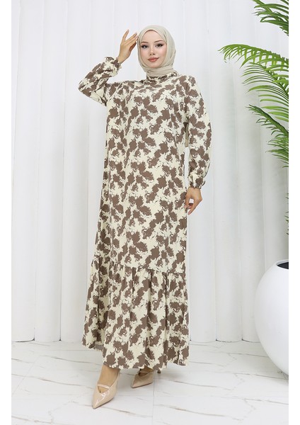 Viskon Kumaş Kolu Lastikli Desenli Elbise 2034-03 Vizon