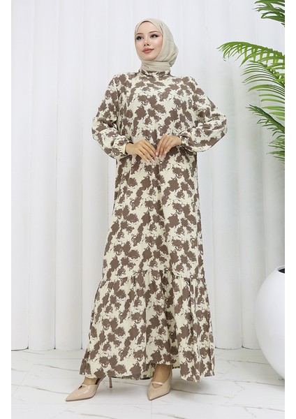 Viskon Kumaş Kolu Lastikli Desenli Elbise 2034-03 Vizon fiyatları