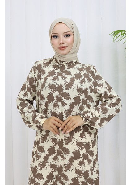 Viskon Kumaş Kolu Lastikli Desenli Elbise 2034-03 Vizon modelleri