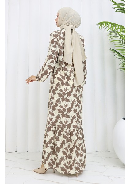 Viskon Kumaş Kolu Lastikli Desenli Elbise 2034-03 Vizon indirimleri