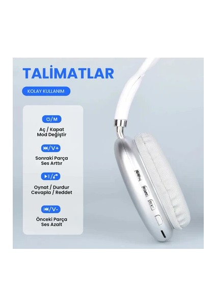 Siyah P9 Lite Bluetooth 5.3 Kulak Üstü Kulaklık - 10 Saat Müzik, Micro Sd & Type-C
