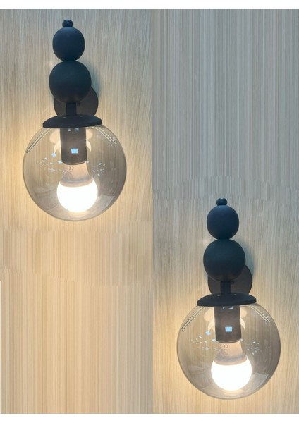Şık Siyah Metal Füme Camlı Aplik Çiftli Set, E27, Lamba ve Pil Dahil