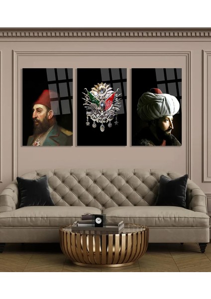 3 Lü Osmanlı Tuğrası Fatih Sultan Mehmet 2.abdulhamid Tablo Kırılmaz Cam Tablo Ultra Canlı Tablo