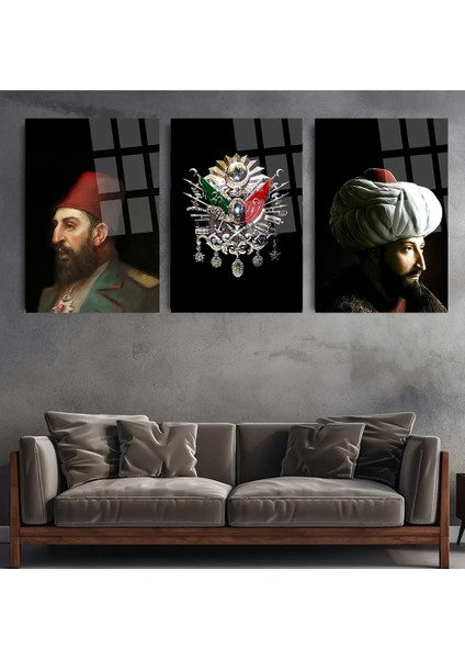 3 Lü Osmanlı Tuğrası Fatih Sultan Mehmet 2.abdulhamid Tablo Kırılmaz Cam Tablo Ultra Canlı Tablo