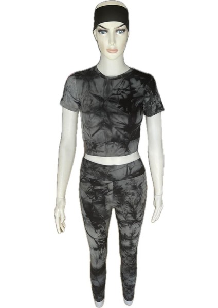 Batik Desenli Sporcu Füme Crop Tayt Takım