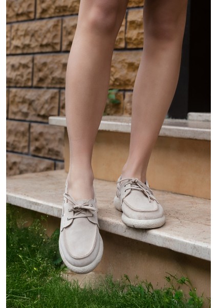Kadın Hakiki Deri Bağlamalı Loafer Günlük Ayakkabı Enita Bej Süet