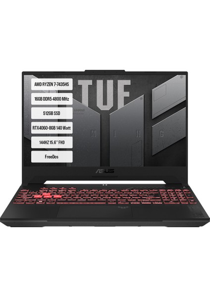 TUF Gaming A15 FA507NVR-LP099-Gaming AMD Ryzen 7-7435HS 16GB DDR5 512GB SSD RTX 4060 8GB 15.6 inç 144Hz Full HD FreeDos Gaming Laptop