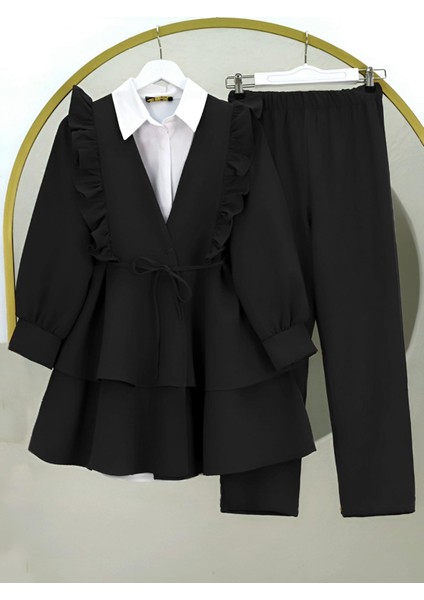 Önü Fırfırlı Bağcıklı Eteği Katlı Pantolonlu Kimono Takım