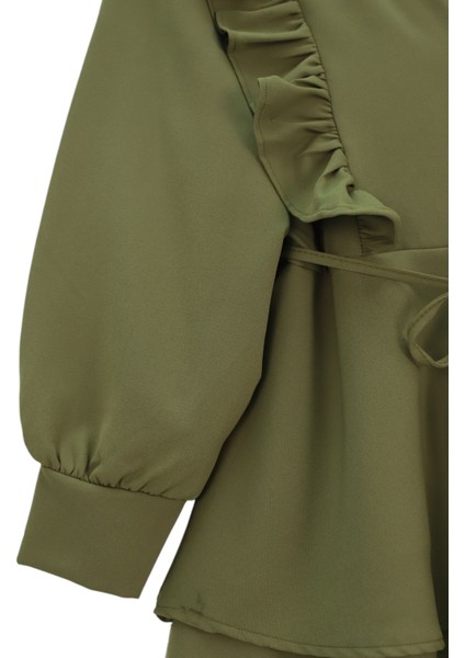 Önü Fırfırlı Bağcıklı Eteği Katlı Pantolonlu Kimono Takım
