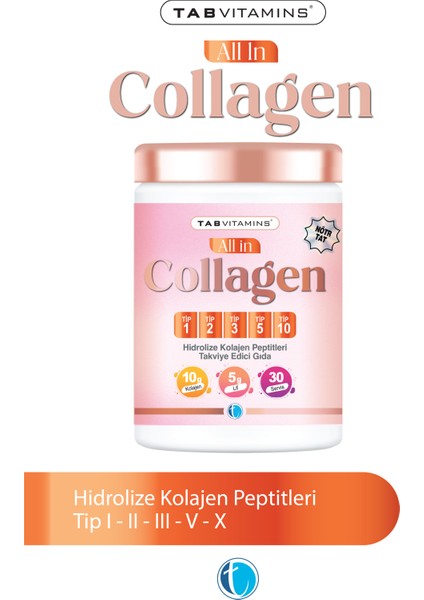 All in Collagen 30 Servis Aromasız Hidrolize Kolajen Peptitleri Tip 1 Tip 2 Tip 3 Tip 5 Tip 10