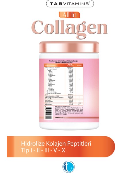All in Collagen 30 Servis Aromasız Hidrolize Kolajen Peptitleri Tip 1 Tip 2 Tip 3 Tip 5 Tip 10