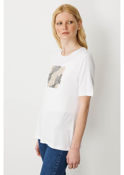 Kadın Sıfır Yaka Önü Taş Baskılı Penye T-Shirt Ekru fırsatları