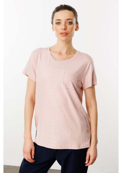 Kadın Sıfır Yaka Düşük Kollu T-Shirt Pudra fiyatları