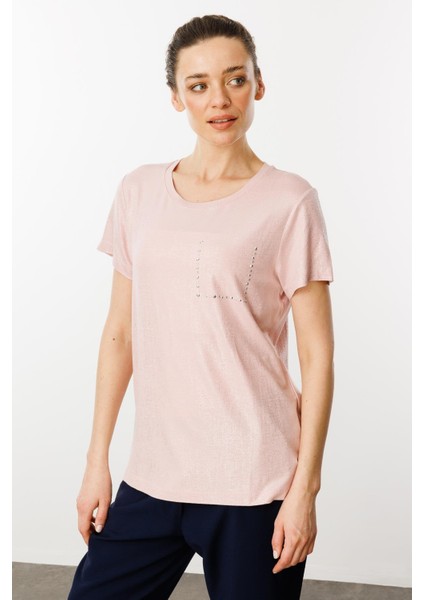 Kadın Sıfır Yaka Düşük Kollu T-Shirt Pudra indirimleri