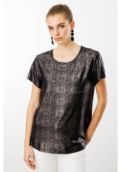 Kadın Sıfır Yaka Düşük Kollu T-Shirt Siyah