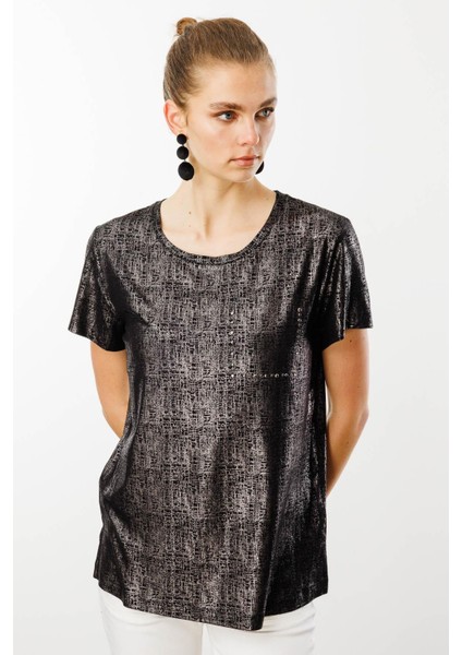 Kadın Sıfır Yaka Düşük Kollu T-Shirt Siyah indirimleri