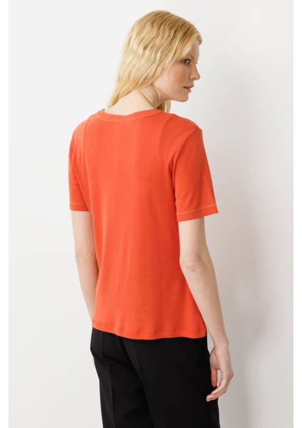 Kadın Açma Yaka Önü Cepli Pamuklu T-Shirt Kiremit modelleri