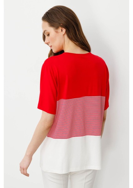 Kadın Sıfır Yaka Önü Palmiye Taşlı Penye T-Shirt Kırmızı modelleri