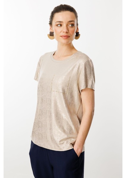 Kadın Sıfır Yaka Düşük Kollu T-Shirt Vizon fiyatları